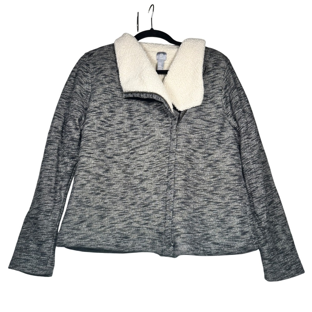 GapFit Grey Heathered Sherpa Lined Jacket Women's Large Cozy Asymmetrical Zip